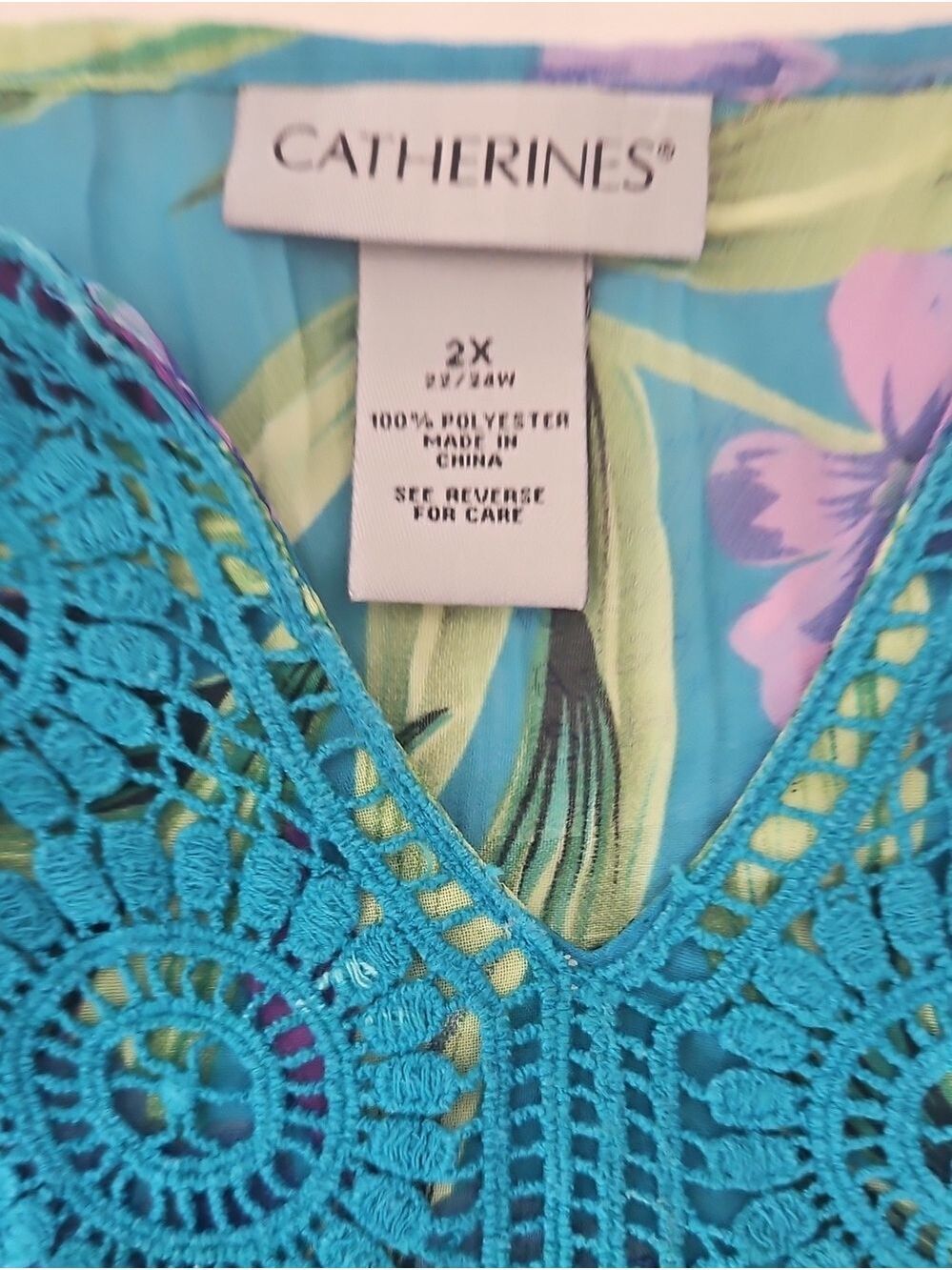 Catherines Plus Size 22-24W Teal Tropical Boho Tunic Crochet Lace Top XXL Summer - Picture 3 of 17